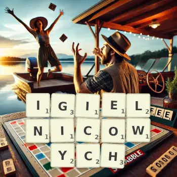 Kreatywna ilustracja do gry w Scrabble ze słowem IGIELNICOWYCH ułożonym z płytek na planszy.