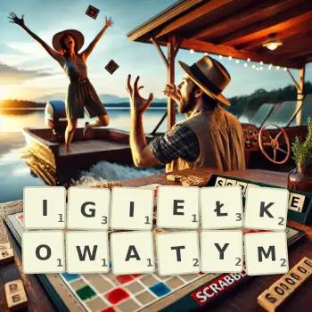 Kreatywna ilustracja do gry w Scrabble ze słowem IGIEŁKOWATYM ułożonym z płytek na planszy.