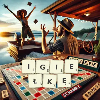 Kreatywna ilustracja do gry w Scrabble ze słowem IGIEŁKĘ ułożonym z płytek na planszy.