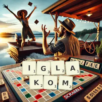 Kreatywna ilustracja do gry w Scrabble ze słowem IGLAKOM ułożonym z płytek na planszy.