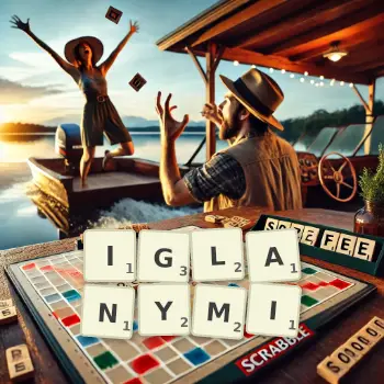 Kreatywna ilustracja do gry w Scrabble ze słowem IGLANYMI ułożonym z płytek na planszy.