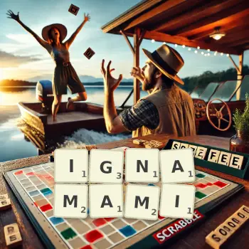Kreatywna ilustracja do gry w Scrabble ze słowem IGNAMAMI ułożonym z płytek na planszy.