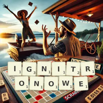 Kreatywna ilustracja do gry w Scrabble ze słowem IGNITRONOWE ułożonym z płytek na planszy.