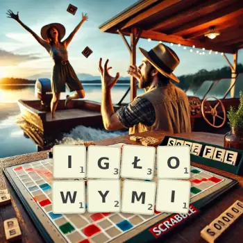 Kreatywna ilustracja do gry w Scrabble ze słowem IGŁOWYMI ułożonym z płytek na planszy.