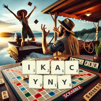 Kreatywna ilustracja do gry w Scrabble ze słowem IKACYNY ułożonym z płytek na planszy.