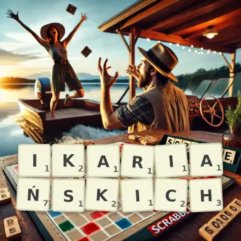 Kreatywna ilustracja do gry w Scrabble ze słowem IKARIAŃSKICH ułożonym z płytek na planszy.