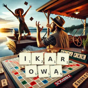 Kreatywna ilustracja do gry w Scrabble ze słowem IKAROWĄ ułożonym z płytek na planszy.