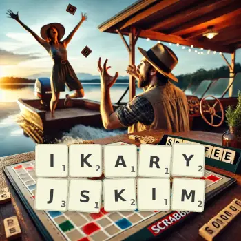 Kreatywna ilustracja do gry w Scrabble ze słowem IKARYJSKIM ułożonym z płytek na planszy.