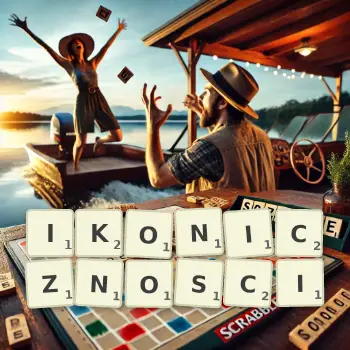 Kreatywna ilustracja do gry w Scrabble ze słowem IKONICZNOSCI ułożonym z płytek na planszy.