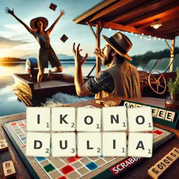 Kreatywna ilustracja do gry w Scrabble ze słowem IKONODULIA ułożonym z płytek na planszy.