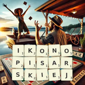 Kreatywna ilustracja do gry w Scrabble ze słowem IKONOPISARSKIEJ ułożonym z płytek na planszy.