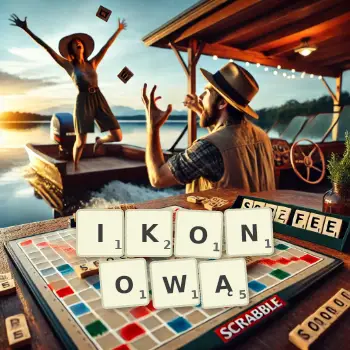Kreatywna ilustracja do gry w Scrabble ze słowem IKONOWĄ ułożonym z płytek na planszy.