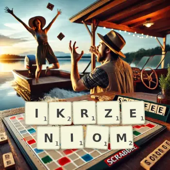 Kreatywna ilustracja do gry w Scrabble ze słowem IKRZENIOM ułożonym z płytek na planszy.