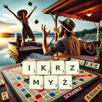 Kreatywna ilustracja do gry w Scrabble ze słowem IKRZMYŻ ułożonym z płytek na planszy.
