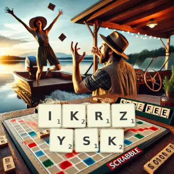 Kreatywna ilustracja do gry w Scrabble ze słowem IKRZYSK ułożonym z płytek na planszy.