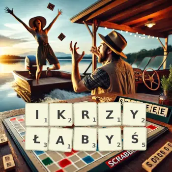 Kreatywna ilustracja do gry w Scrabble ze słowem IKRZYŁABYŚ ułożonym z płytek na planszy.