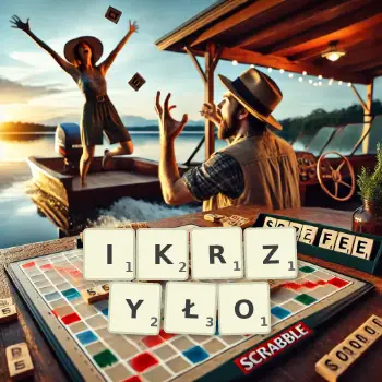 Kreatywna ilustracja do gry w Scrabble ze słowem IKRZYŁO ułożonym z płytek na planszy.