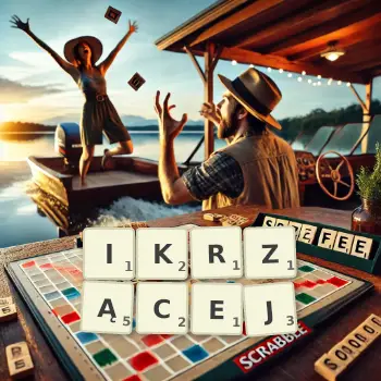 Kreatywna ilustracja do gry w Scrabble ze słowem IKRZĄCEJ ułożonym z płytek na planszy.