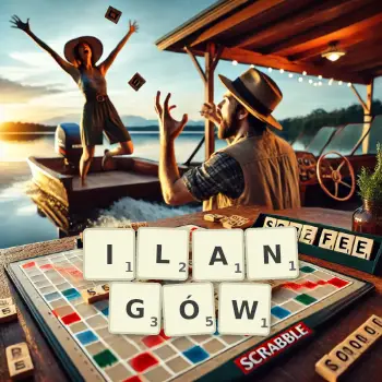 Kreatywna ilustracja do gry w Scrabble ze słowem ILANGÓW ułożonym z płytek na planszy.