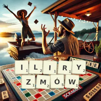 Kreatywna ilustracja do gry w Scrabble ze słowem ILIRYZMÓW ułożonym z płytek na planszy.