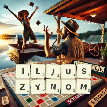 Kreatywna ilustracja do gry w Scrabble ze słowem ILJUSZYNOM ułożonym z płytek na planszy.