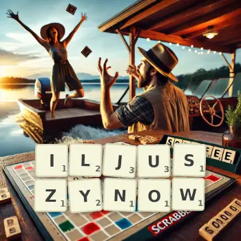 Kreatywna ilustracja do gry w Scrabble ze słowem ILJUSZYNOW ułożonym z płytek na planszy.
