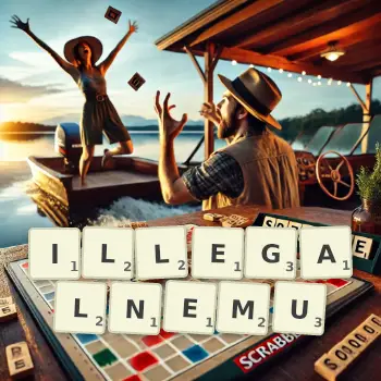 Kreatywna ilustracja do gry w Scrabble ze słowem ILLEGALNEMU ułożonym z płytek na planszy.