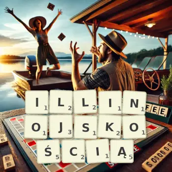 Kreatywna ilustracja do gry w Scrabble ze słowem ILLINOJSKOŚCIĄ ułożonym z płytek na planszy.