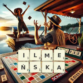Kreatywna ilustracja do gry w Scrabble ze słowem ILMEŃSKA ułożonym z płytek na planszy.