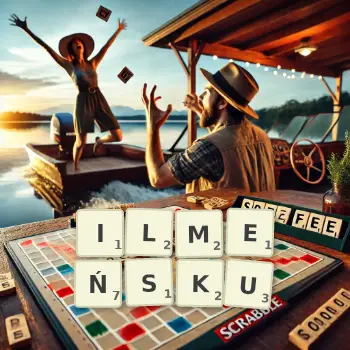 Kreatywna ilustracja do gry w Scrabble ze słowem ILMEŃSKU ułożonym z płytek na planszy.