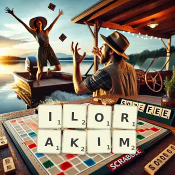 Kreatywna ilustracja do gry w Scrabble ze słowem ILORAKIM ułożonym z płytek na planszy.