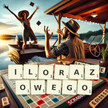 Kreatywna ilustracja do gry w Scrabble ze słowem ILORAZOWEGO ułożonym z płytek na planszy.