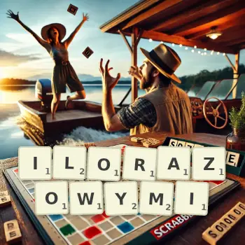 Kreatywna ilustracja do gry w Scrabble ze słowem ILORAZOWYMI ułożonym z płytek na planszy.