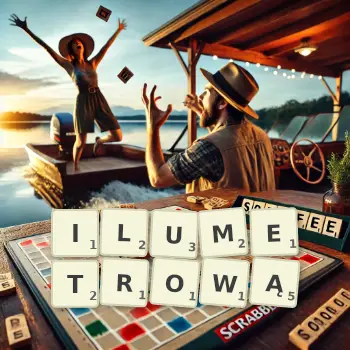 Kreatywna ilustracja do gry w Scrabble ze słowem ILUMETROWĄ ułożonym z płytek na planszy.