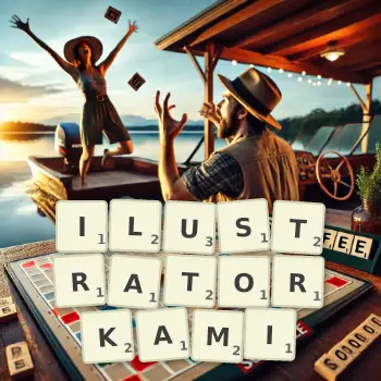Kreatywna ilustracja do gry w Scrabble ze słowem ILUSTRATORKAMI ułożonym z płytek na planszy.