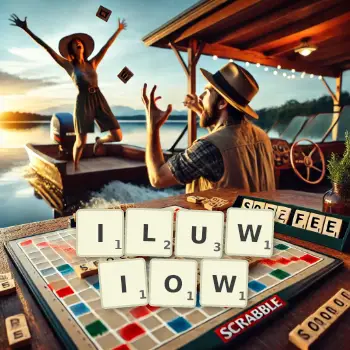 Kreatywna ilustracja do gry w Scrabble ze słowem ILUWIOW ułożonym z płytek na planszy.