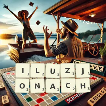 Kreatywna ilustracja do gry w Scrabble ze słowem ILUZJONACH ułożonym z płytek na planszy.