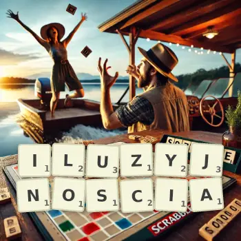 Kreatywna ilustracja do gry w Scrabble ze słowem ILUZYJNOSCIA ułożonym z płytek na planszy.
