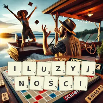 Kreatywna ilustracja do gry w Scrabble ze słowem ILUZYJNOŚCI ułożonym z płytek na planszy.