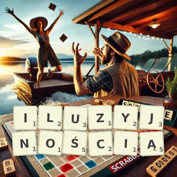 Kreatywna ilustracja do gry w Scrabble ze słowem ILUZYJNOŚCIĄ ułożonym z płytek na planszy.