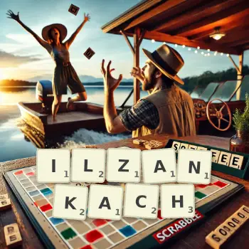 Kreatywna ilustracja do gry w Scrabble ze słowem ILZANKACH ułożonym z płytek na planszy.