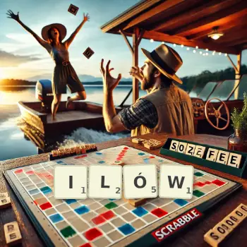 Kreatywna ilustracja do gry w Scrabble ze słowem ILÓW ułożonym z płytek na planszy.