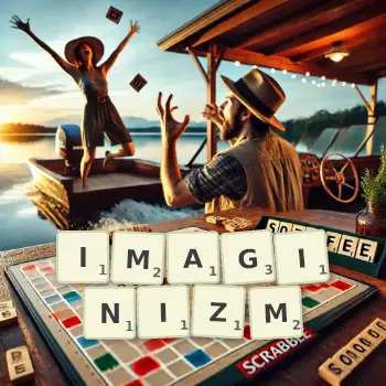Kreatywna ilustracja do gry w Scrabble ze słowem IMAGINIZM ułożonym z płytek na planszy.