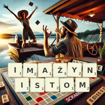 Kreatywna ilustracja do gry w Scrabble ze słowem IMAŻYNISTOM ułożonym z płytek na planszy.