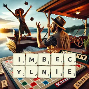 Kreatywna ilustracja do gry w Scrabble ze słowem IMBECYLNIE ułożonym z płytek na planszy.