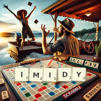 Kreatywna ilustracja do gry w Scrabble ze słowem IMIDY ułożonym z płytek na planszy.