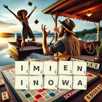 Kreatywna ilustracja do gry w Scrabble ze słowem IMIENINOWA ułożonym z płytek na planszy.