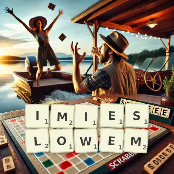 Kreatywna ilustracja do gry w Scrabble ze słowem IMIESLOWEM ułożonym z płytek na planszy.