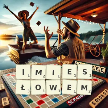 Kreatywna ilustracja do gry w Scrabble ze słowem IMIESŁOWEM ułożonym z płytek na planszy.