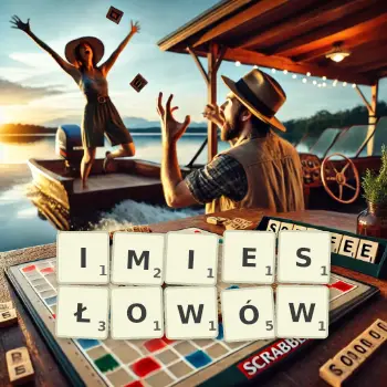 Kreatywna ilustracja do gry w Scrabble ze słowem IMIESŁOWÓW ułożonym z płytek na planszy.